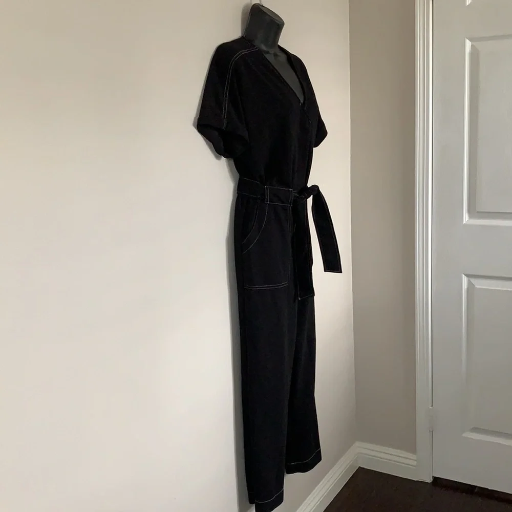Lush Black Contrast Stitch Button Front Short Sleeve Tie Waist Jumpsuit - Picture 6 of 12